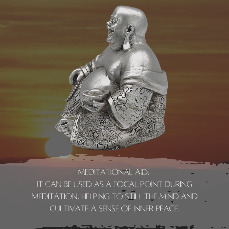 Bellaa 25761 Happy Laughing Buddha Hotei Feng Shui for Money Wealths Zen Chinese Buddhist Monk Budai Luck Happiness Budaishi Silver 6" Inches - Image 5